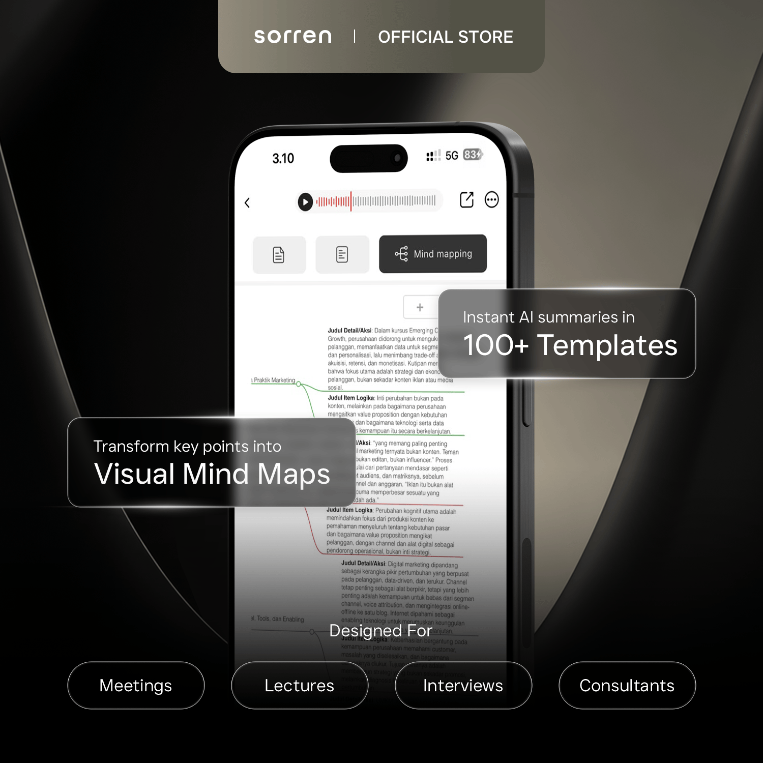Aplikasi Sorren VAI menampilkan mind map AI dan 100+ template ringkasan di smartphone
